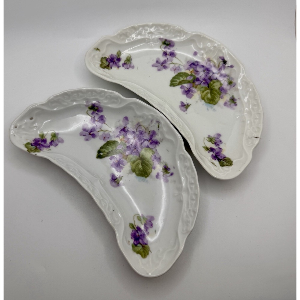 Vintage Porcelain Crescent Bone Dishes Purple Violets Set of 2 Scalloped Edge